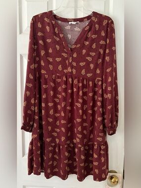 beachlunchlounge Burgundy Paisley Tiered Long-Sleeve Dress